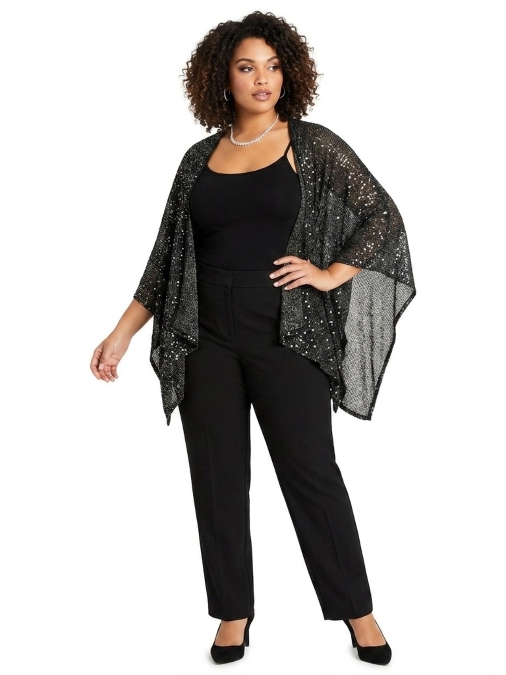 Avenue One Size Black Sequin Mesh Shrug Oversized Sparkle Bolero Layering Top